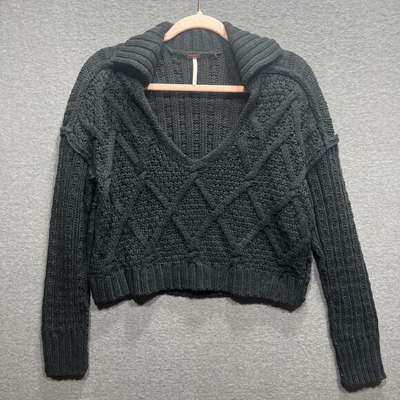 Free People Black Traveler Cable Collared V-Neck Cropped Sweater Women Size XS - Picture 4 of 14